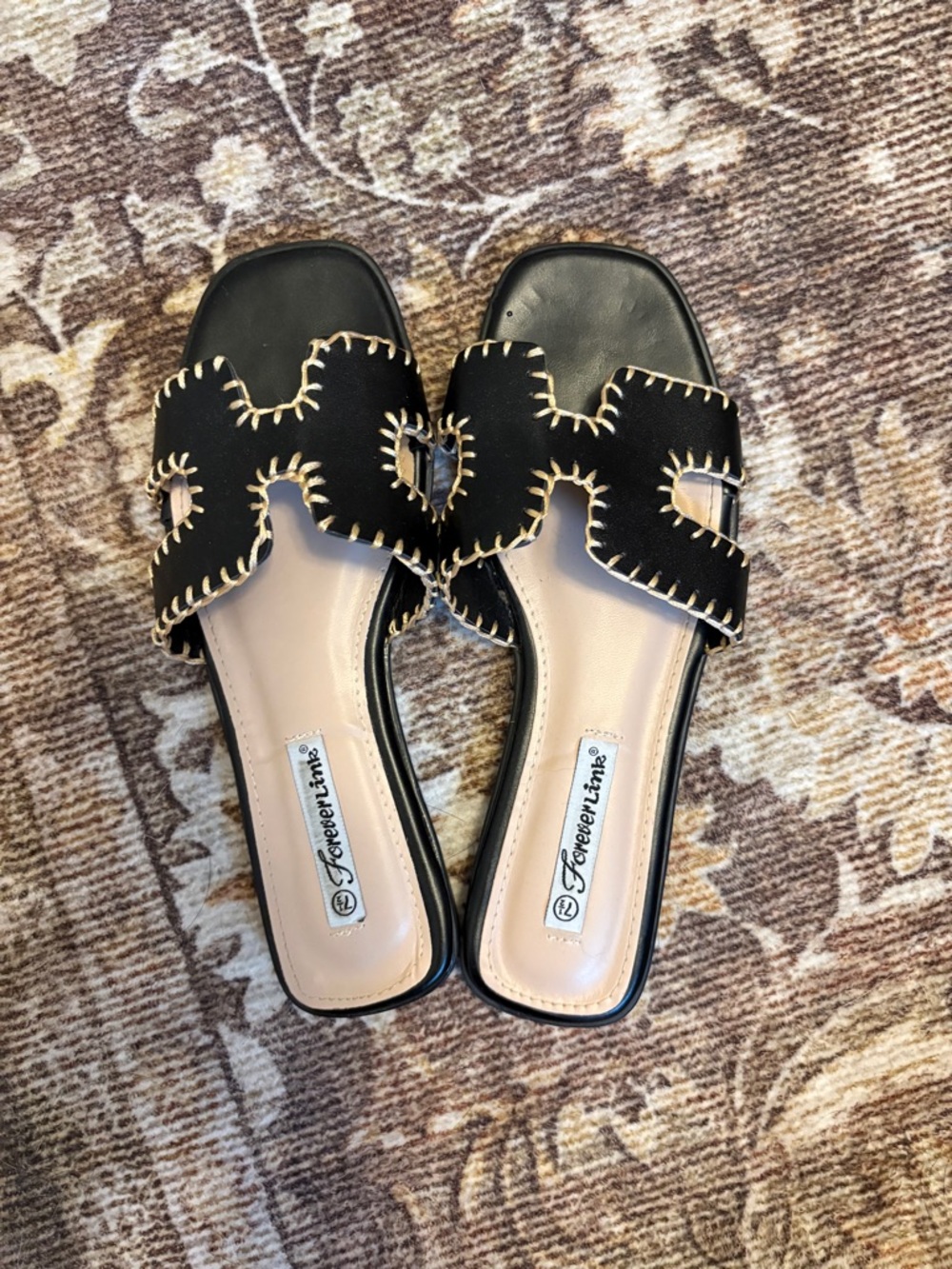 Black Slide Sandals with Contrast Whipstitch